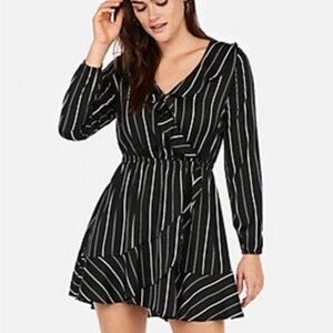 Express New Womens Black Striped Ruffle Mock Wrap Dress. Long Sleeved. Size M